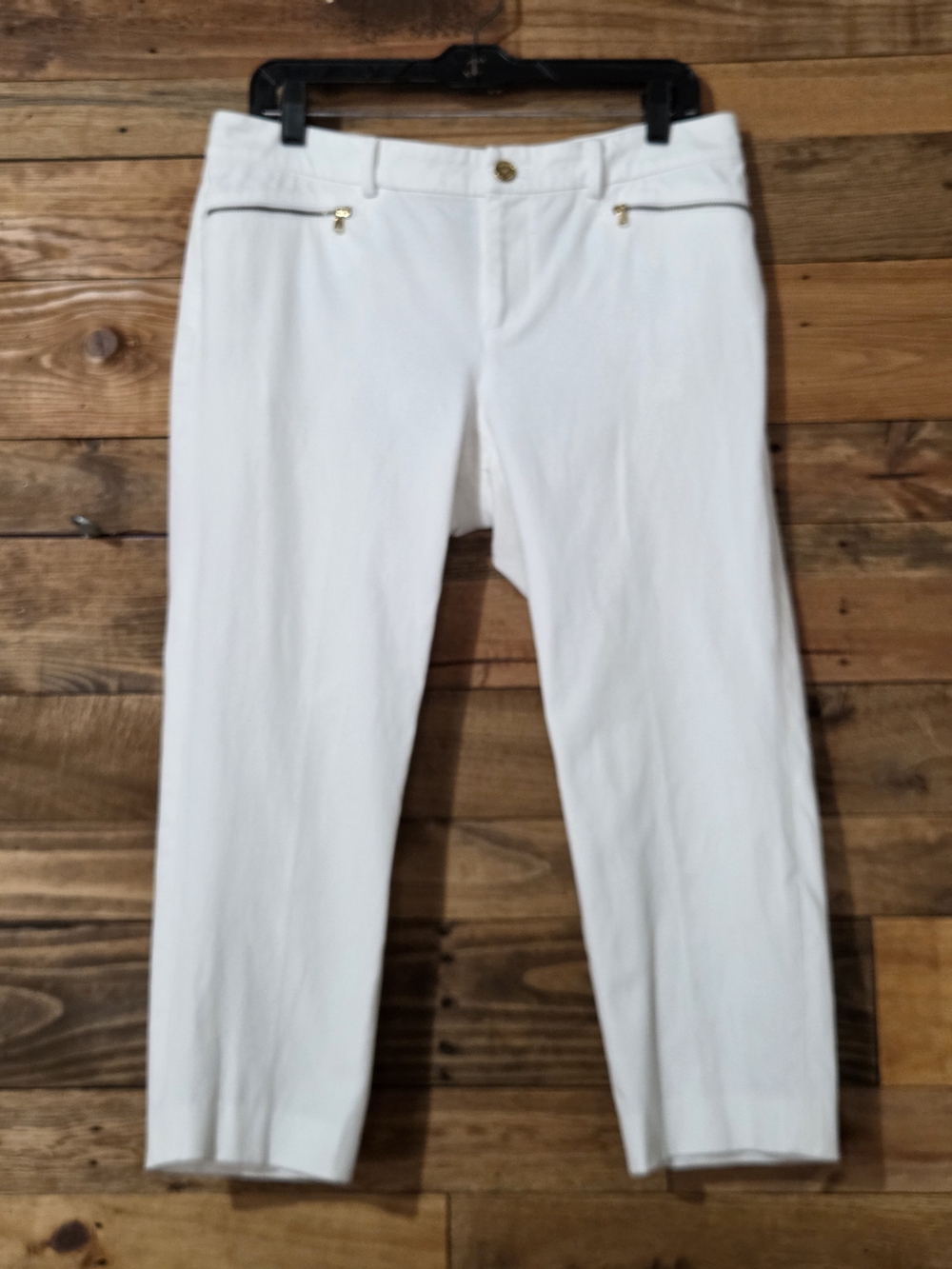 Lauren Ralph Lauren Petite White Capri Pants Stretch Cotton Gold Zip Accent 10P